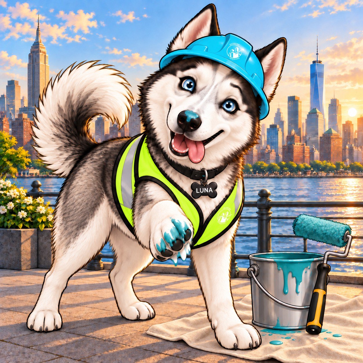 Luna, the Skyrise Interiors mascot, in her green safety vest